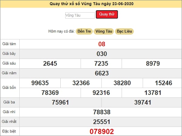 Quay thử kết quả xổ số miền Nam Vũng Tàu ngày 23/6/2020 thứ 3