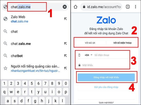 Điện thoại B đăng nhập qua Zalo Web